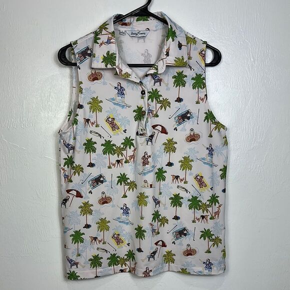 Kenny Flowers White Tropical Print Collared Sleeveless Top Size L - Picture 1 of 7